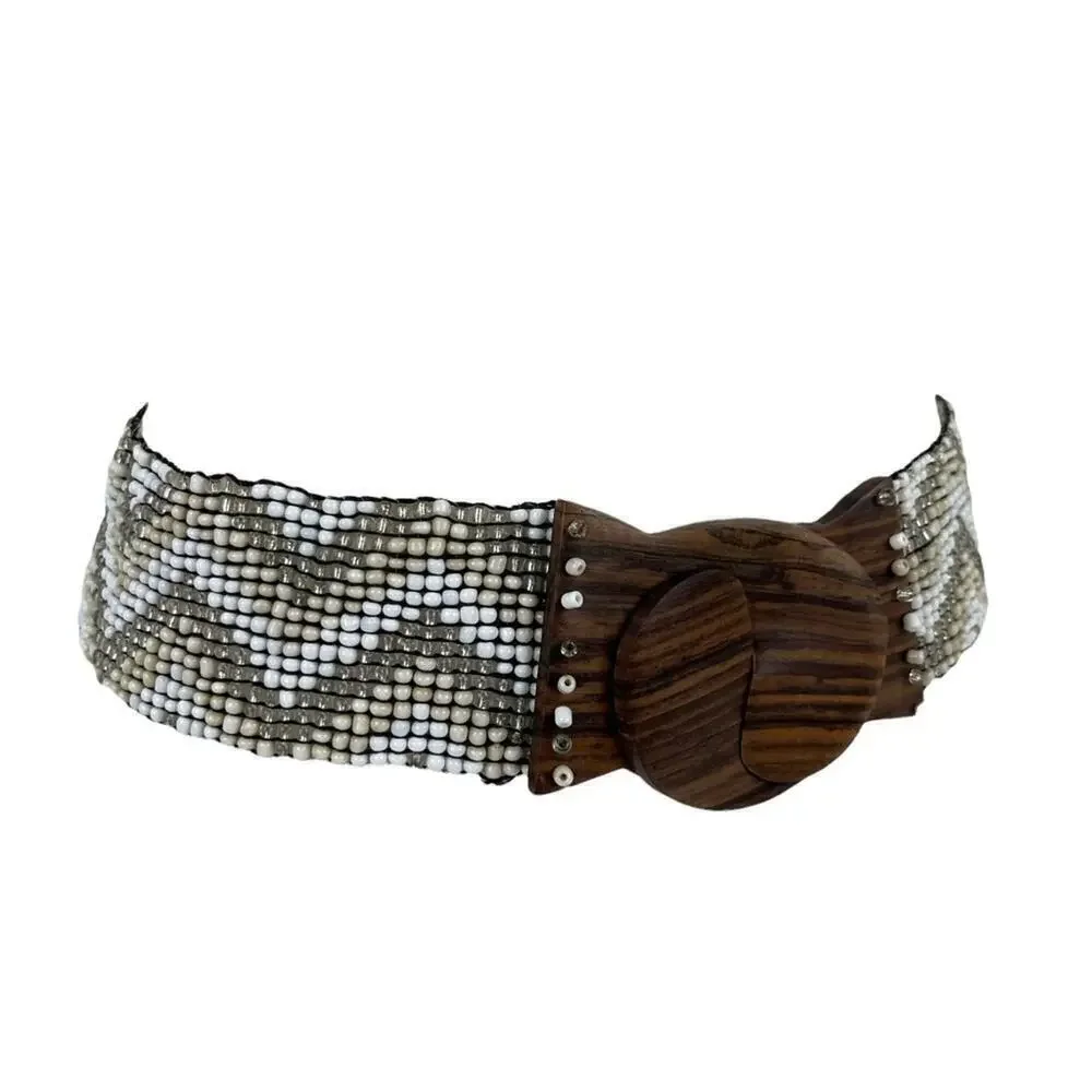 Vintage Hand-made Boho Belt Stretchy Beaded Bali Belt with Wooden Hook Buckle